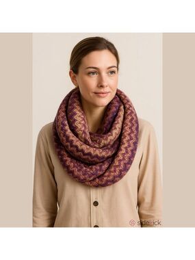 Missoni Zig Zag Knit Infinity Scarf Multicolored Purple Tan Warm Cozy